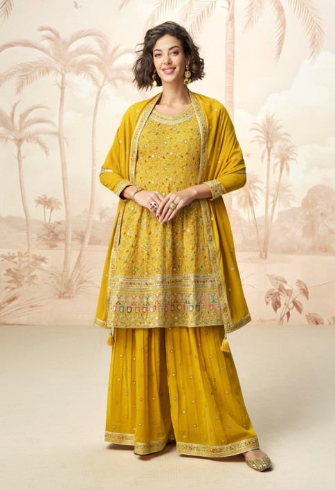 Embroidered Georgette Pakistani Suit in Mustard
